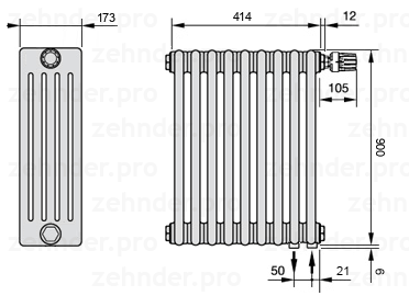 Схема (чертеж) Радиатор Zehnder Charleston 5090/9 №V002 Белый глянцевый RAL 9016